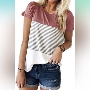 NWT YunJey Round Neck Triple Color Block Stripe T-Shirt